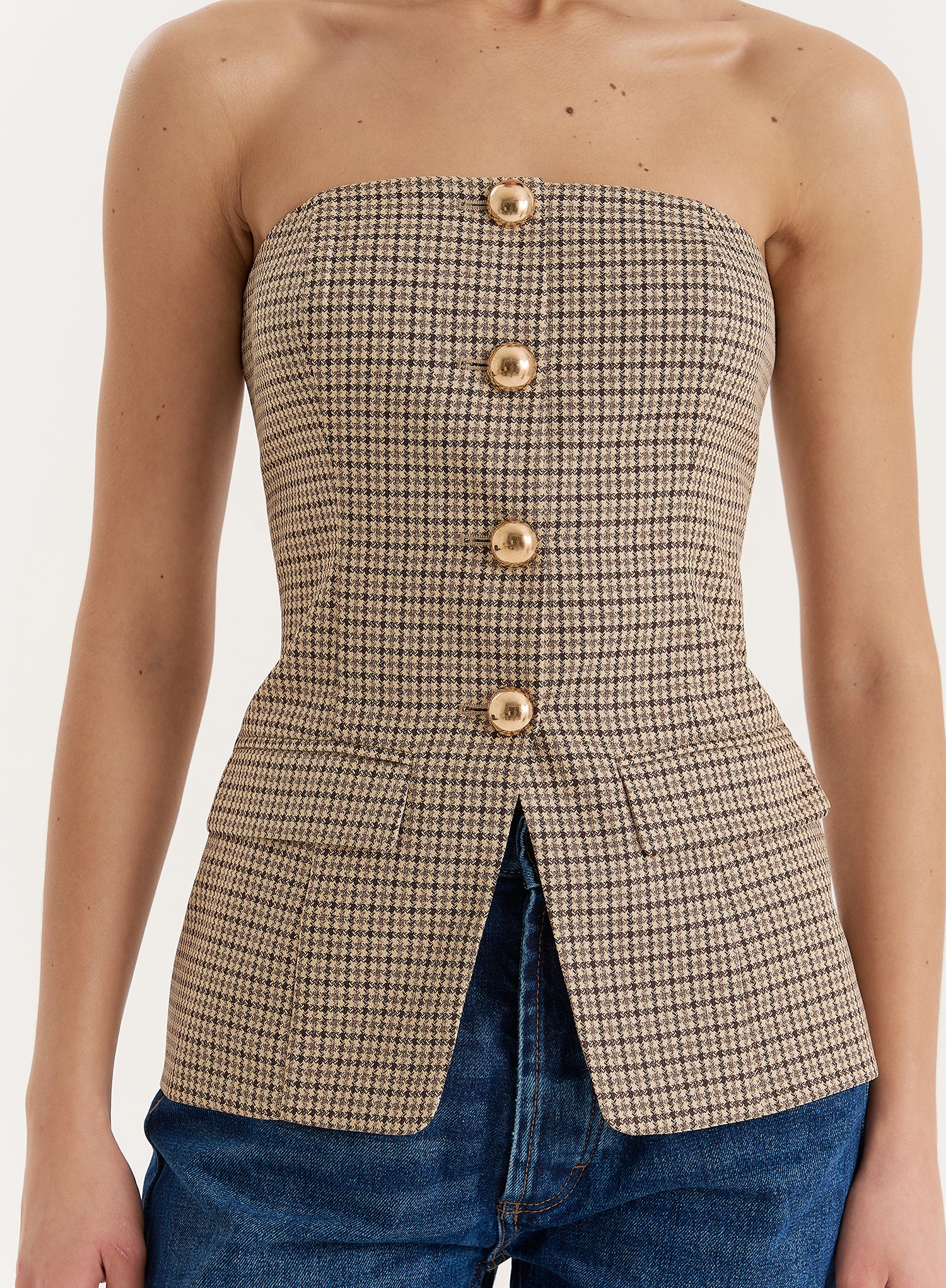 Check Print Button Front Corset